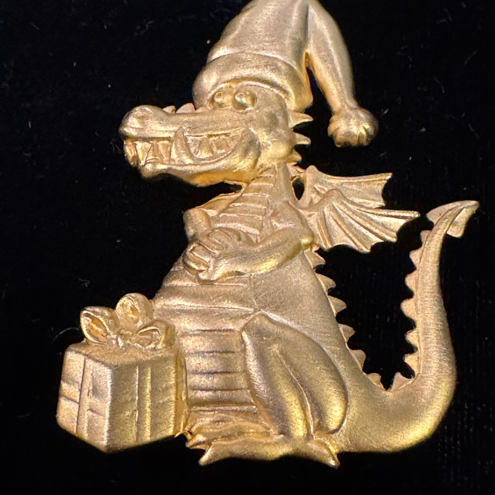 Whimsical Vintage Matte Gold-Tone Dragon Santa Brooch with Present